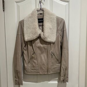 GUESS Women's Beige Moto style Jacket with Cream Collar